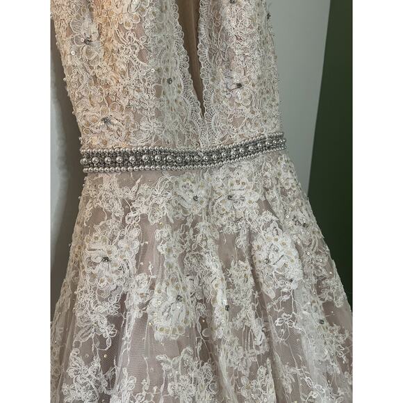 Sherri Hill SZ 10- 1338 Ivory Lace Pearl Neck‎ Back Mesh Ballgown Wedding Dress - Picture 5 of 12
